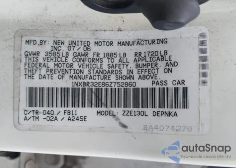 2006 Toyota Corolla Le из США, поврежденный, VIN 1NXBR32E86Z752860